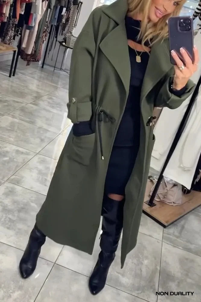 Non Duality | Elegant Longline Trench Coat Military Green / S