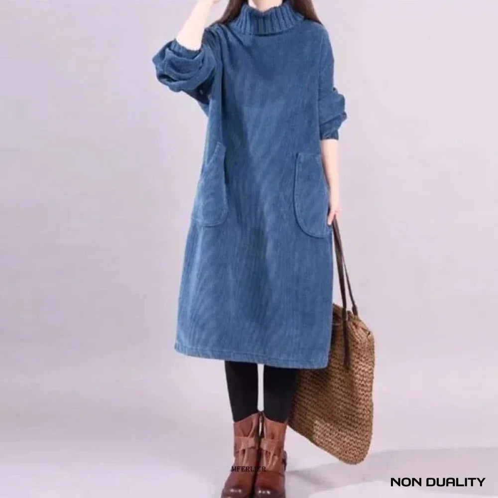 Non Duality | Cozy Turtleneck Corduroy Dress Blue / S Short