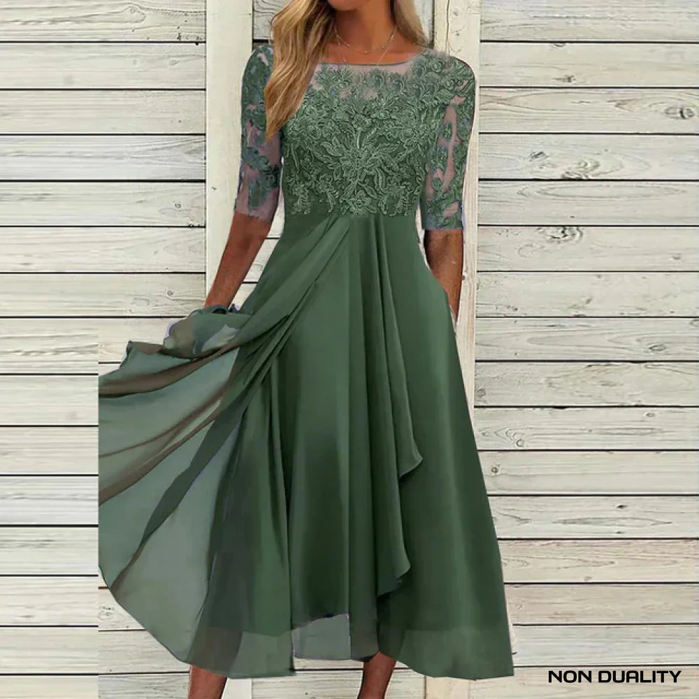 Non Duality | Elegant Lace Chiffon Dress Groente / Xs Long Dress