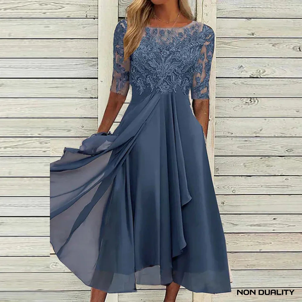 Non Duality | Elegant Lace Chiffon Dress Donkerblauw / Xs Long Dress