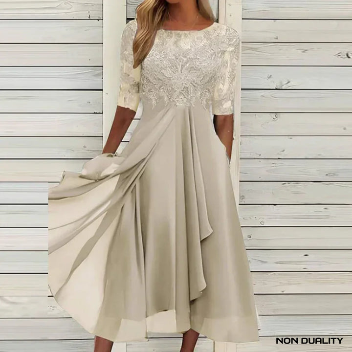 Non Duality | Elegant Lace Chiffon Dress Beige / Xs Long Dress