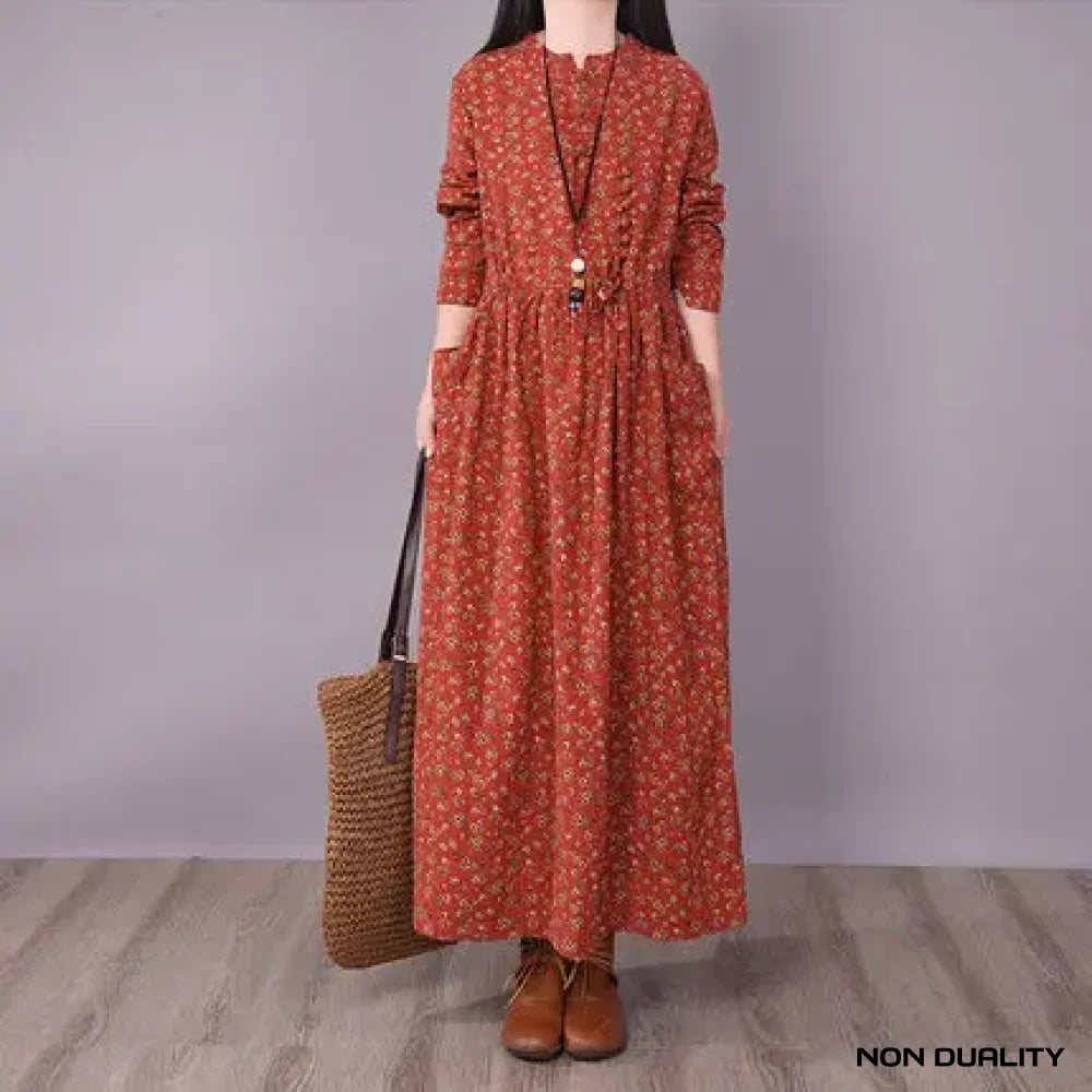 Non Duality | Bohemian Floral Maxi Dress Brick Red / M