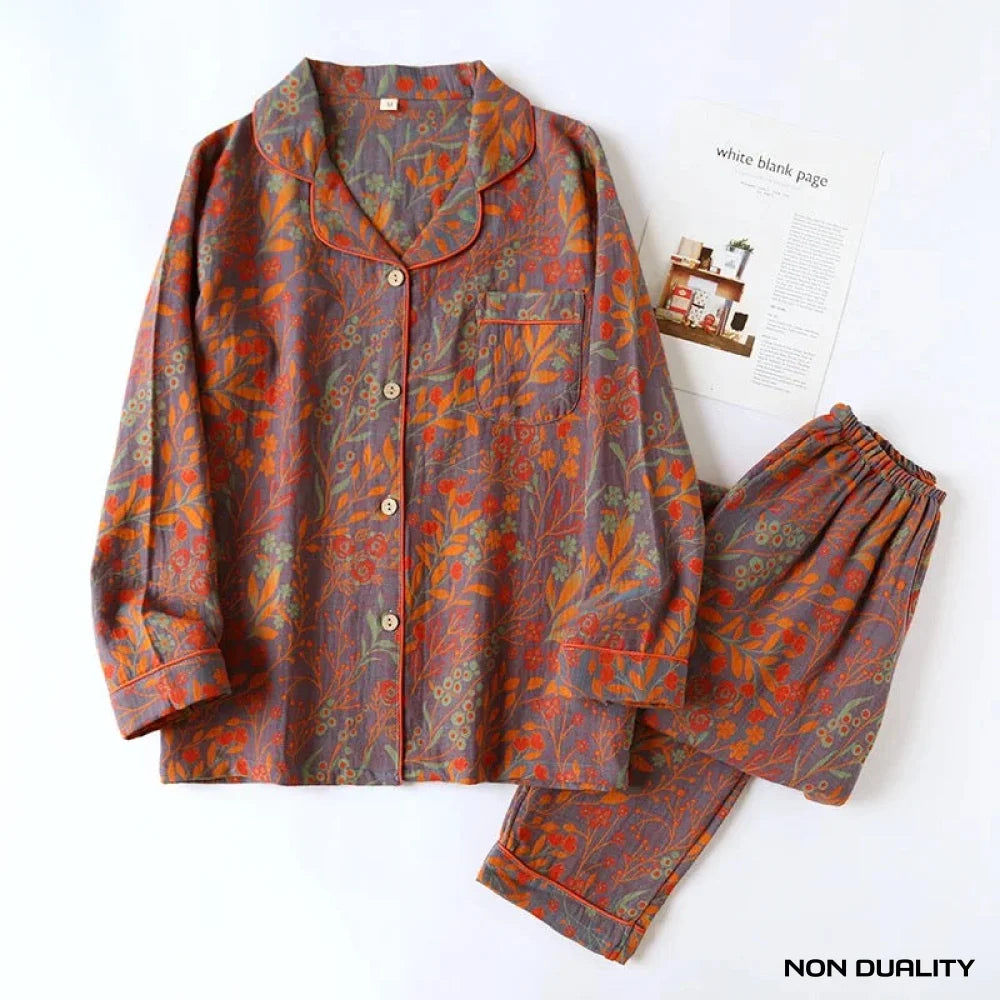 Non Duality | Autumn Bloom Pajama Set Gray & Orange / M