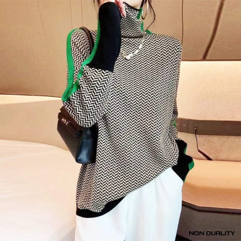 Non Duality | Chevron Contrast Turtleneck Green / S Fashion