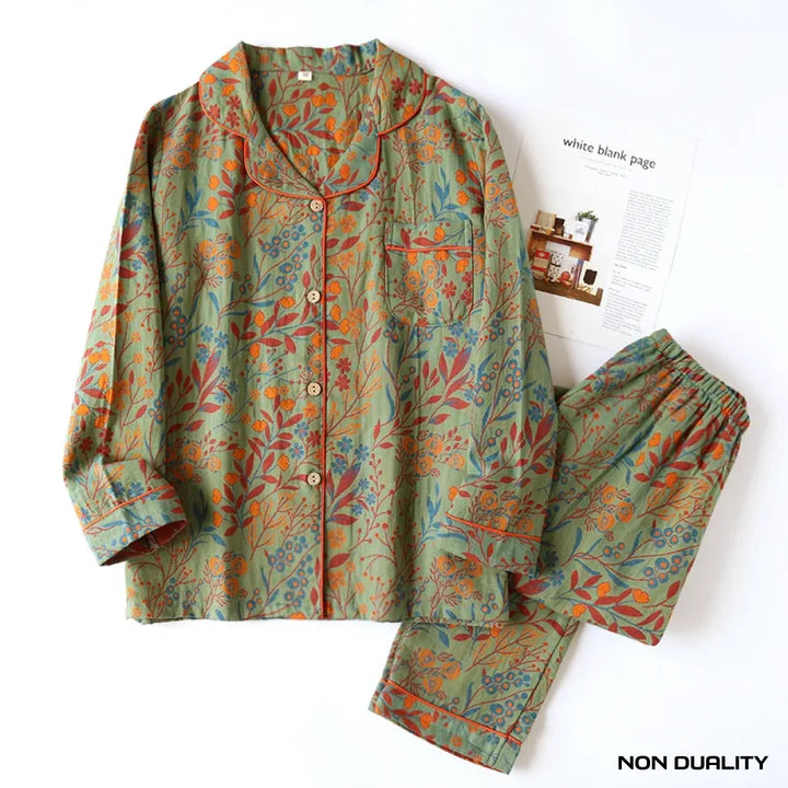 Non Duality | Autumn Bloom Pajama Set Green & Orange / Xl