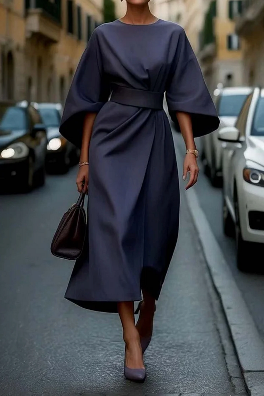 Non Duality | Elegant dress with lantern sleeves and belt