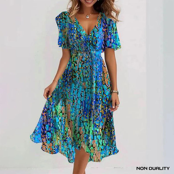 Clara - Blauer Midi-Kleid Mit Kurzen Ärmeln