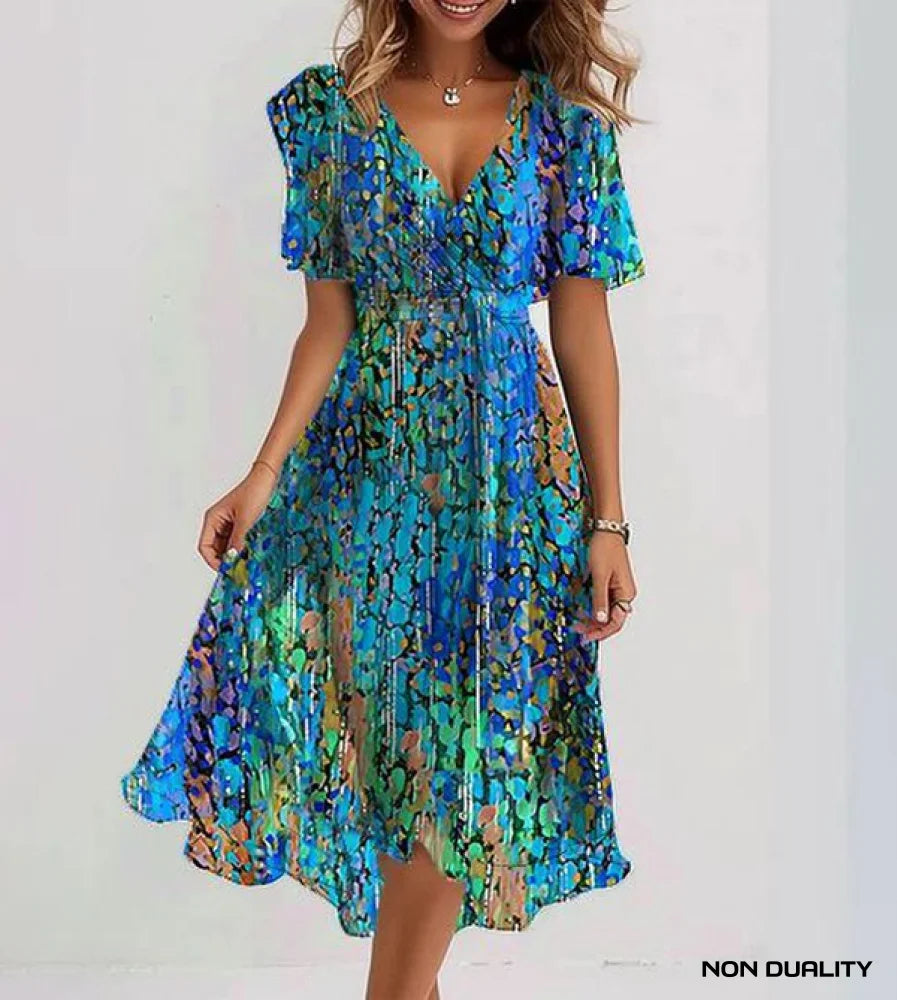 Clara - Blauer Midi-Kleid Mit Kurzen Ärmeln S